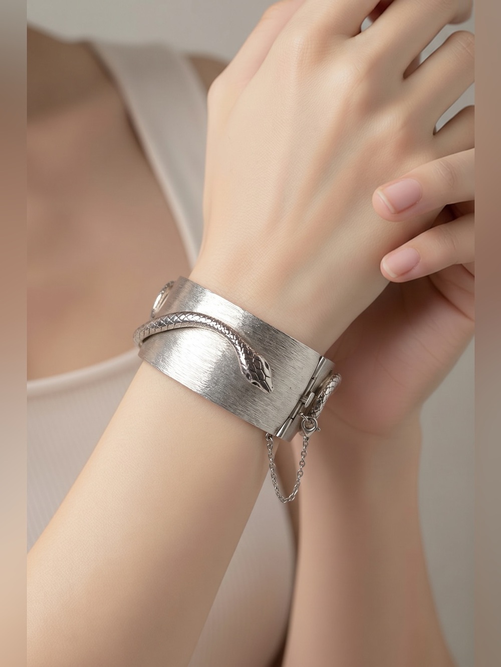Whiting & Davis Co. Snake hinged clamper bangle bracelet silver tone